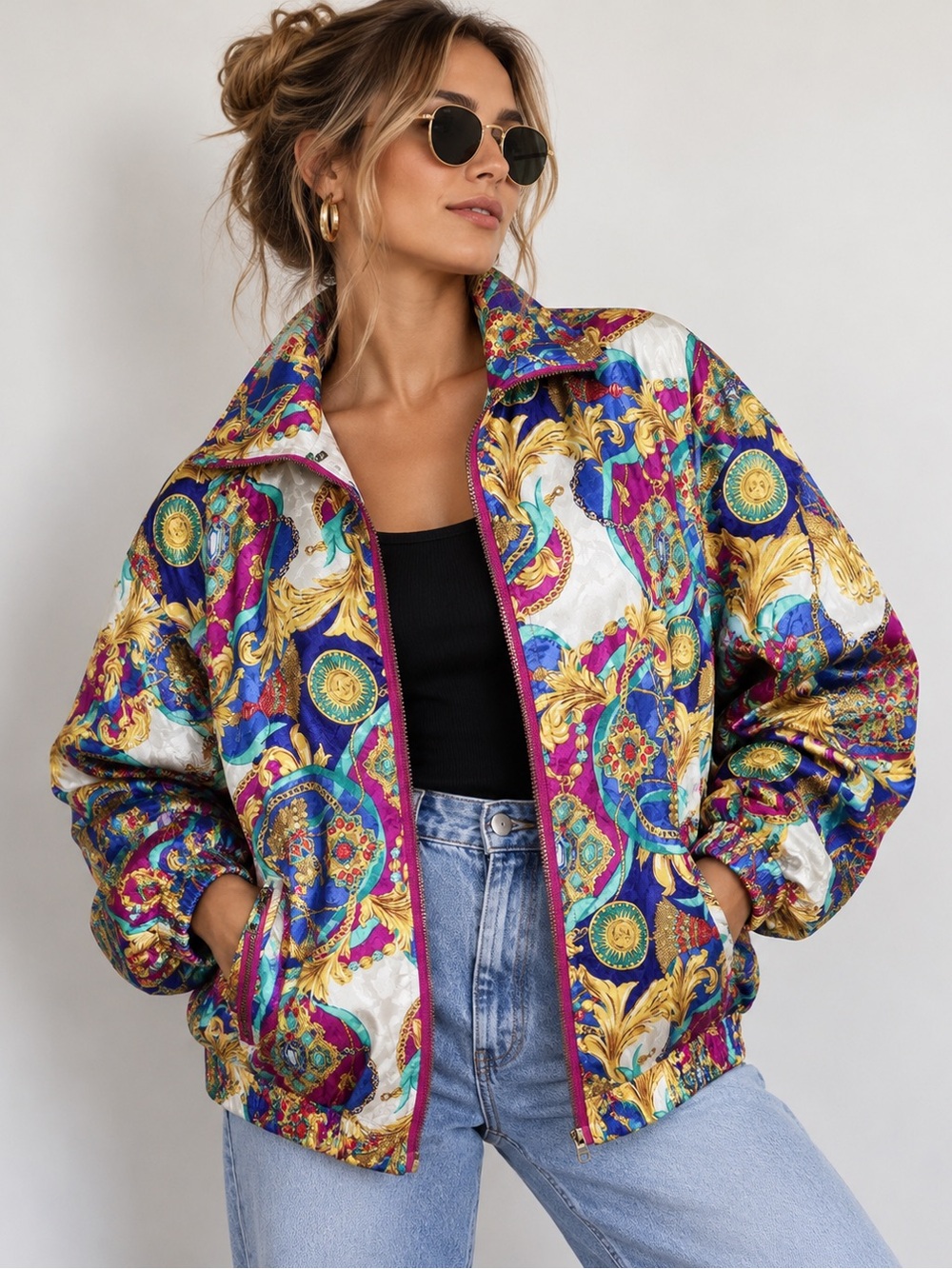 Vintage 80s Clipper Bay Baroque Scarf Print Bomber Jacket Colorful M